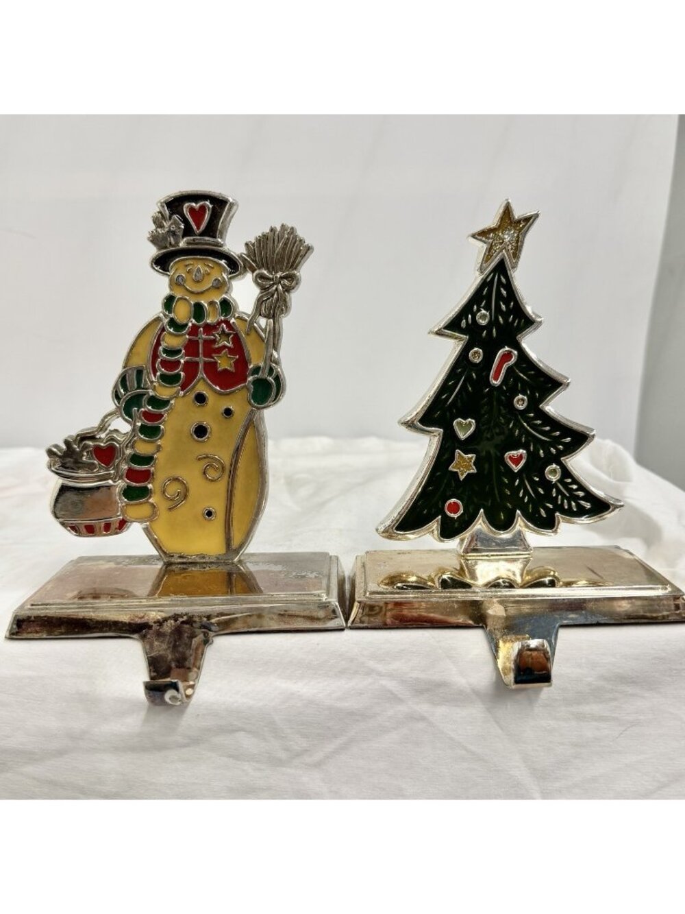 Enameled Christmas Stocking Holder Set Of 2 Tree & Snowman Metal Colorful